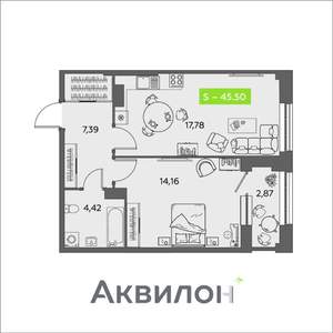 1-к квартира, вторичка, 46м2, 13/16 этаж