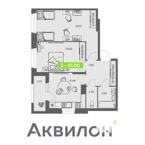 2-к квартира, вторичка, 61м2, 6/16 этаж