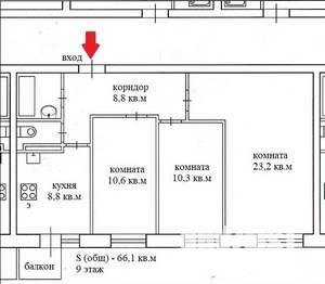 3-к квартира, вторичка, 66м2, 9/9 этаж