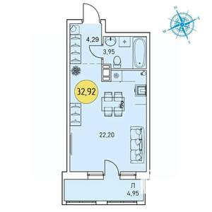 Студия квартира, строящийся дом, 33м2, 6/9 этаж