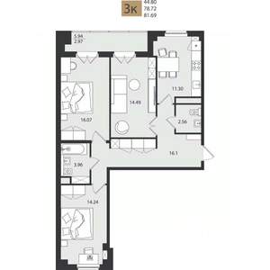 3-к квартира, вторичка, 82м2, 9/16 этаж